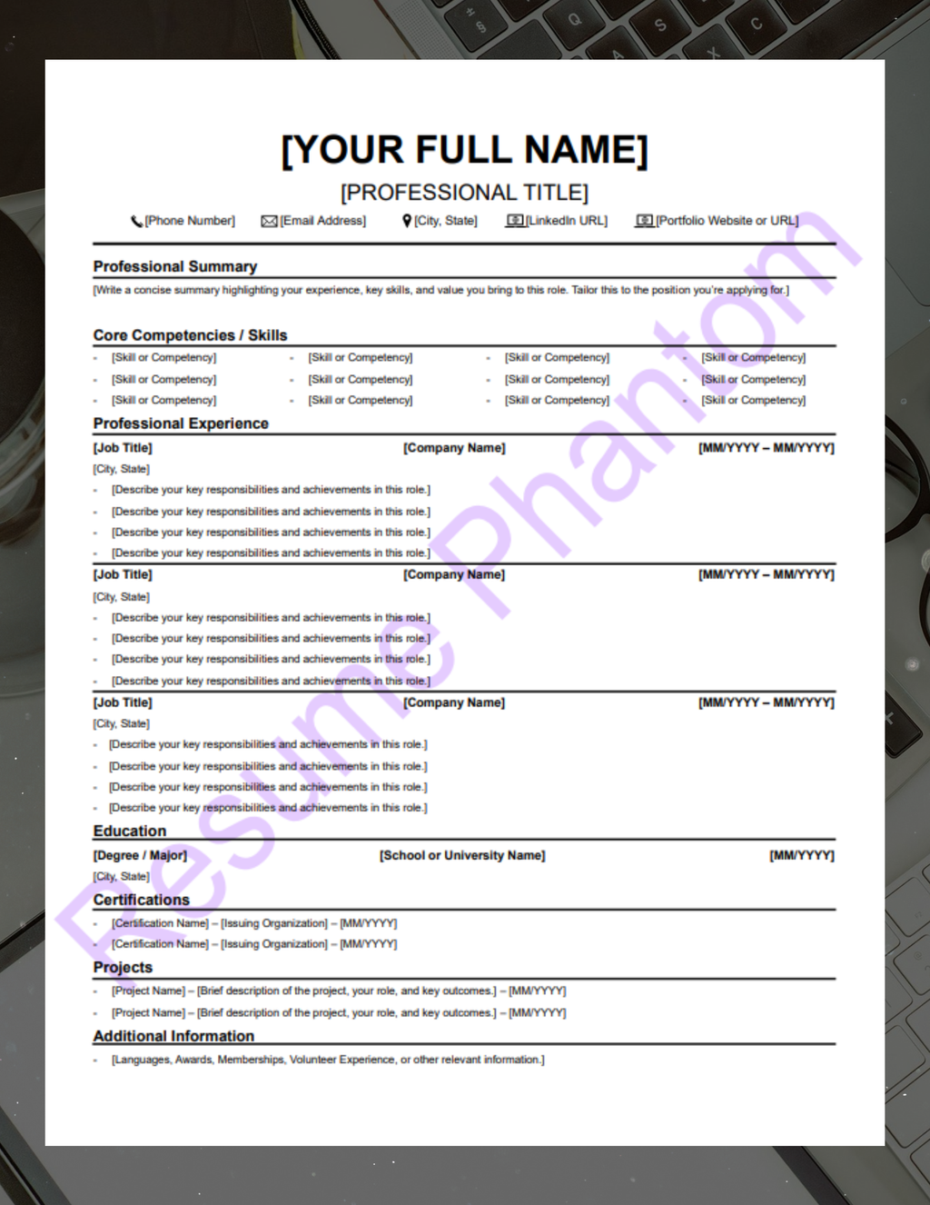 ATS Friendly Blank Resume Template (7 Variant Colors Available)