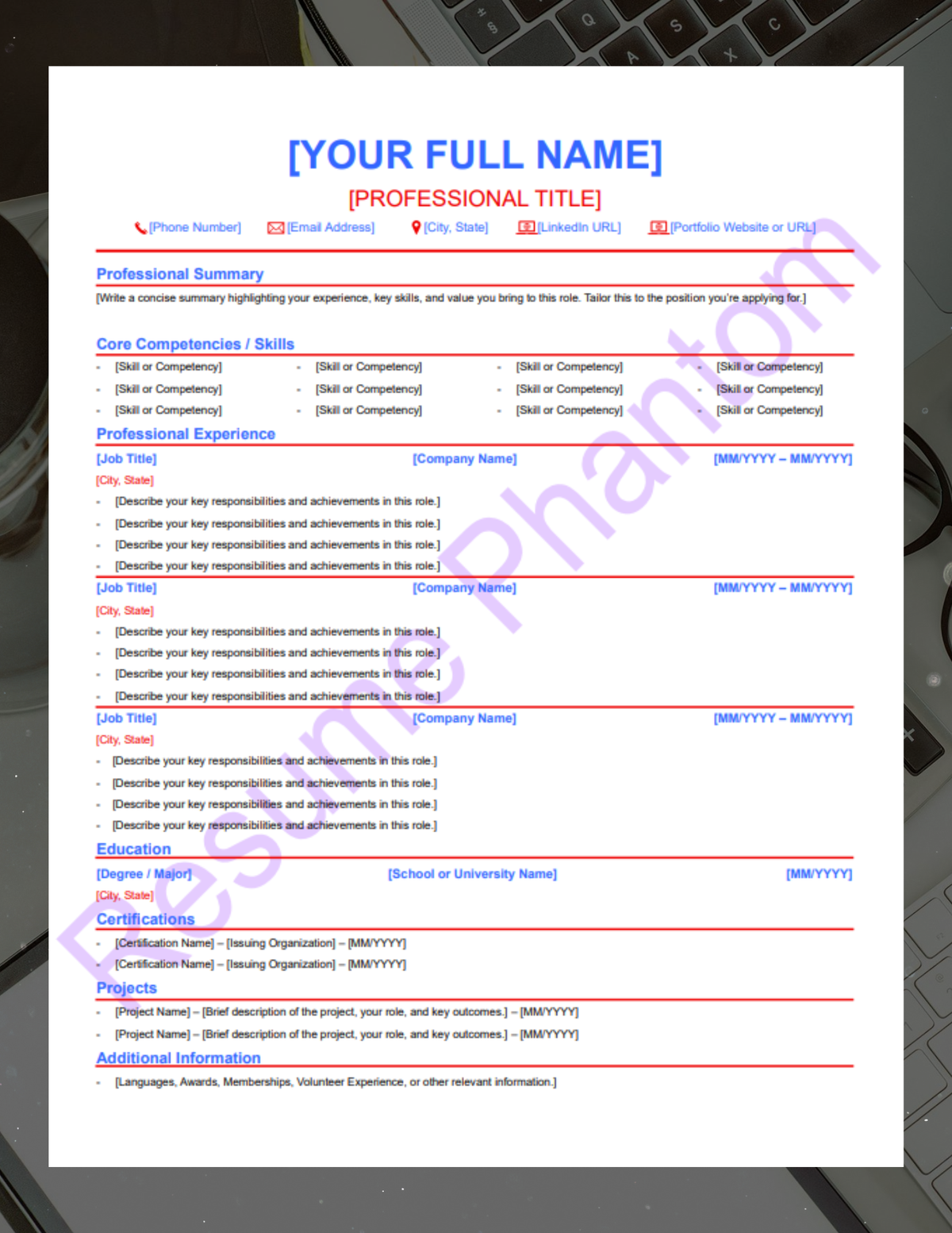 ATS Friendly Blank Resume Template (7 Variant Colors Available)