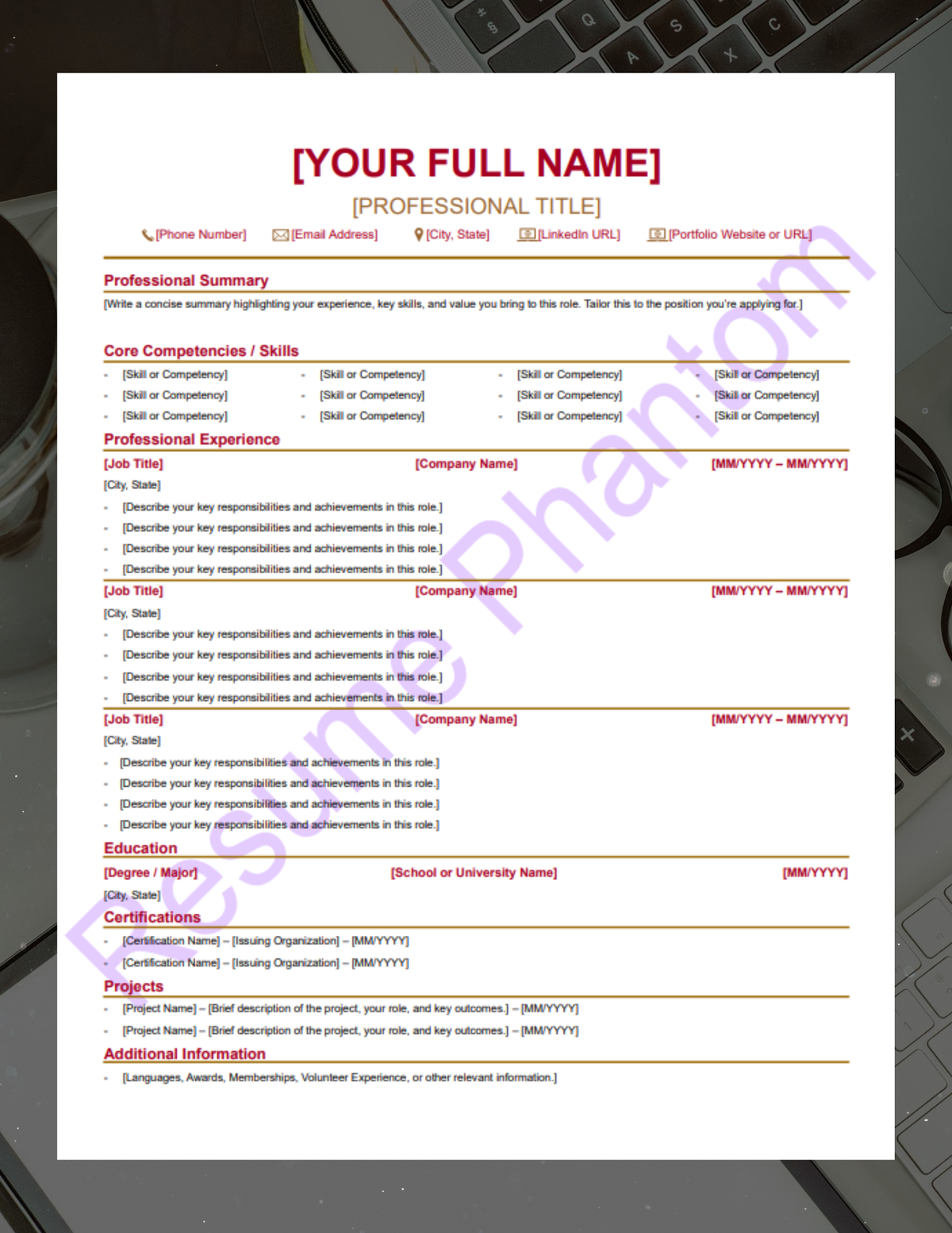 ATS Friendly Blank Resume Template (7 Variant Colors Available)