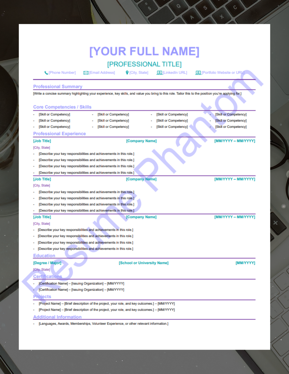 ATS Friendly Blank Resume Template (7 Variant Colors Available)