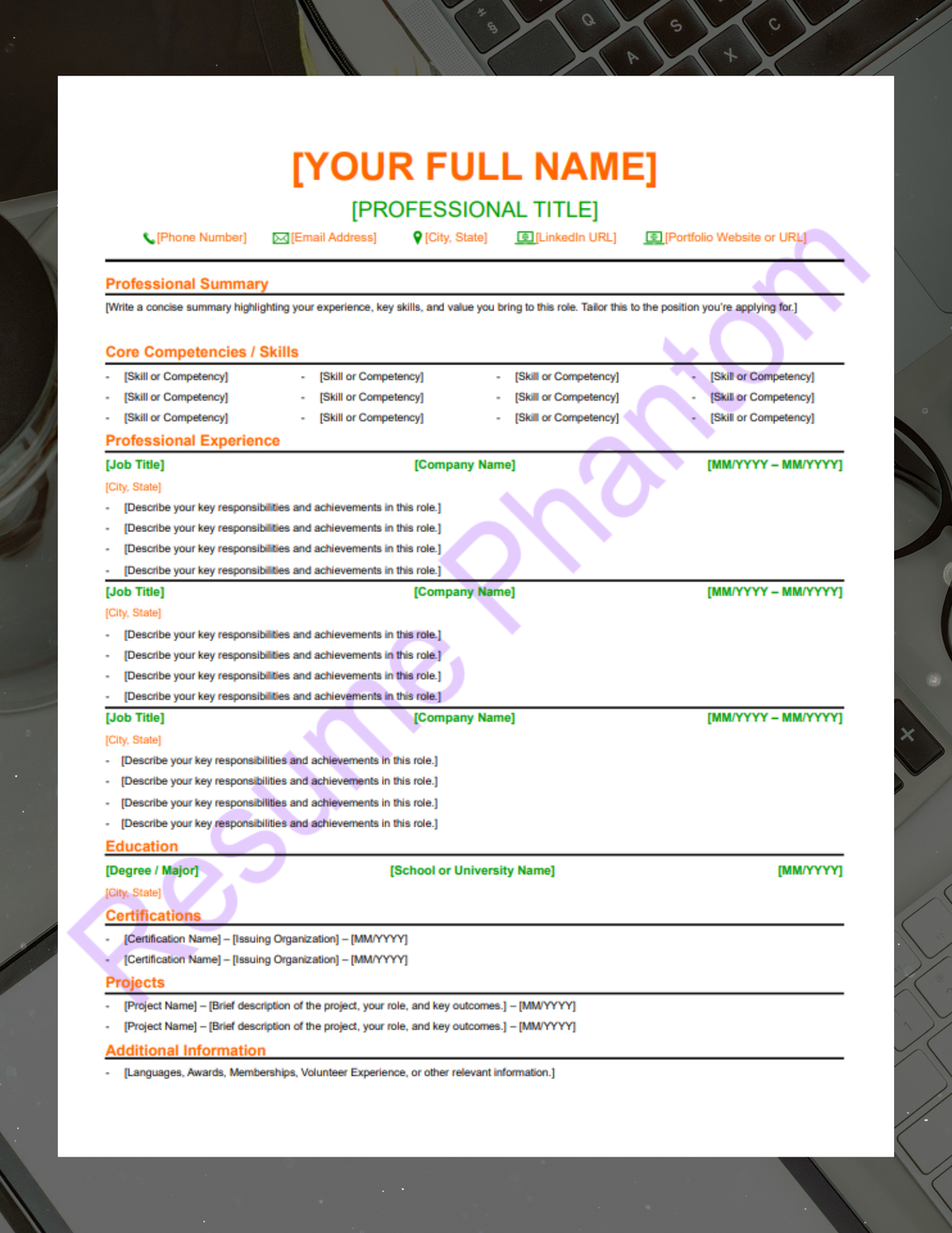 ATS Friendly Blank Resume Template (7 Variant Colors Available)