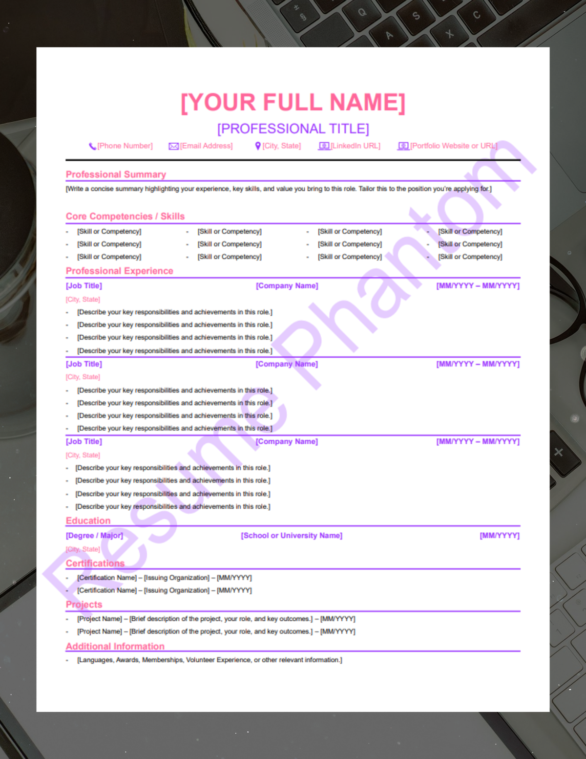 ATS Friendly Blank Resume Template (7 Variant Colors Available)