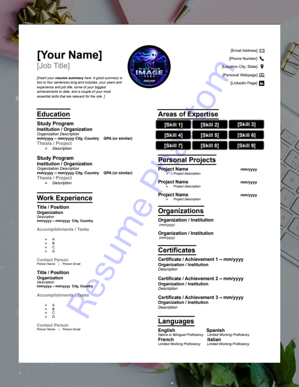 College Blank Resume Template (7 Variant Colors Available)