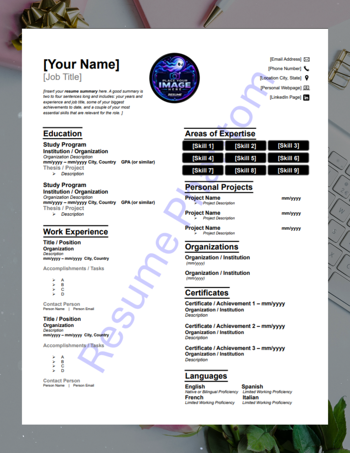 College Blank Resume Template (7 Variant Colors Available)