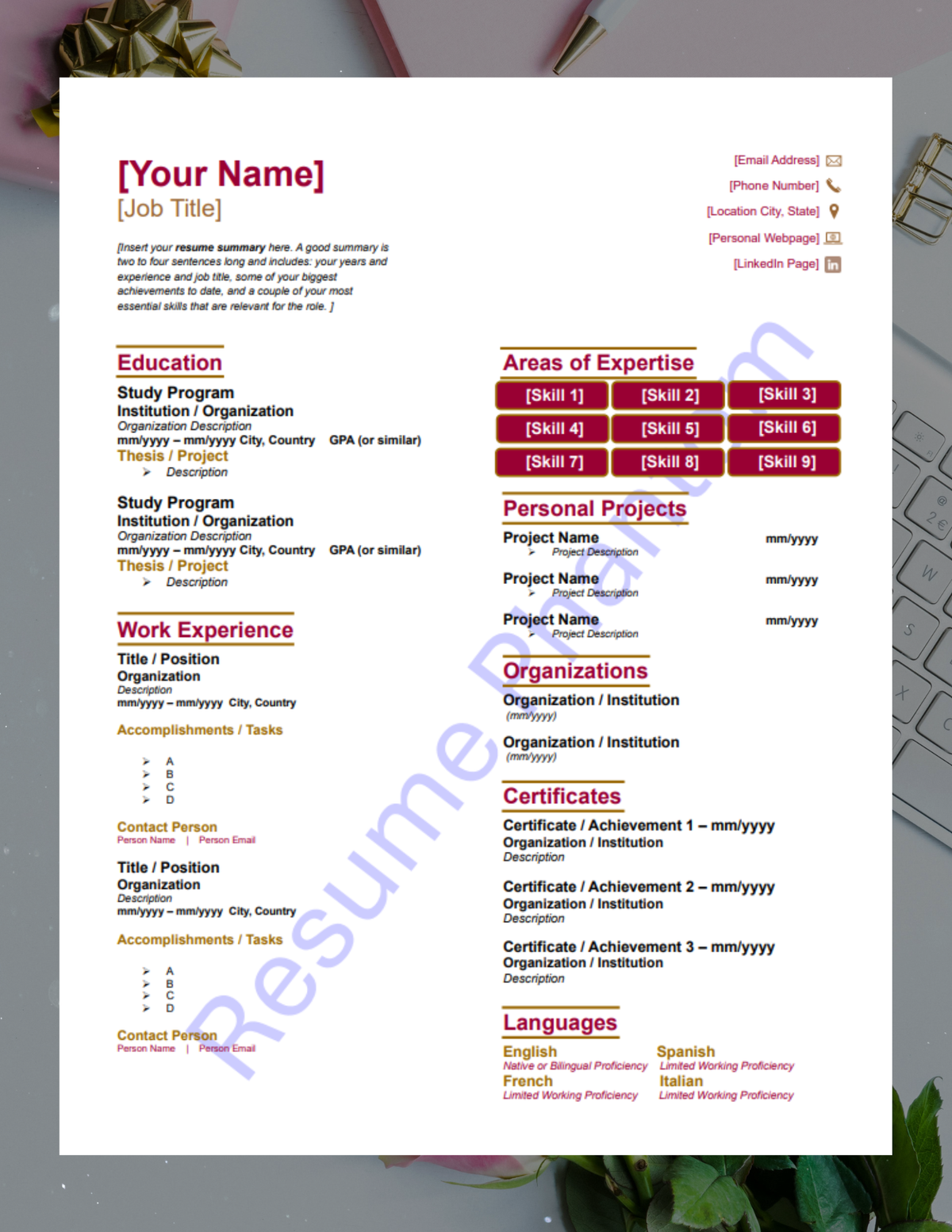 College Blank Resume Template (7 Variant Colors Available)