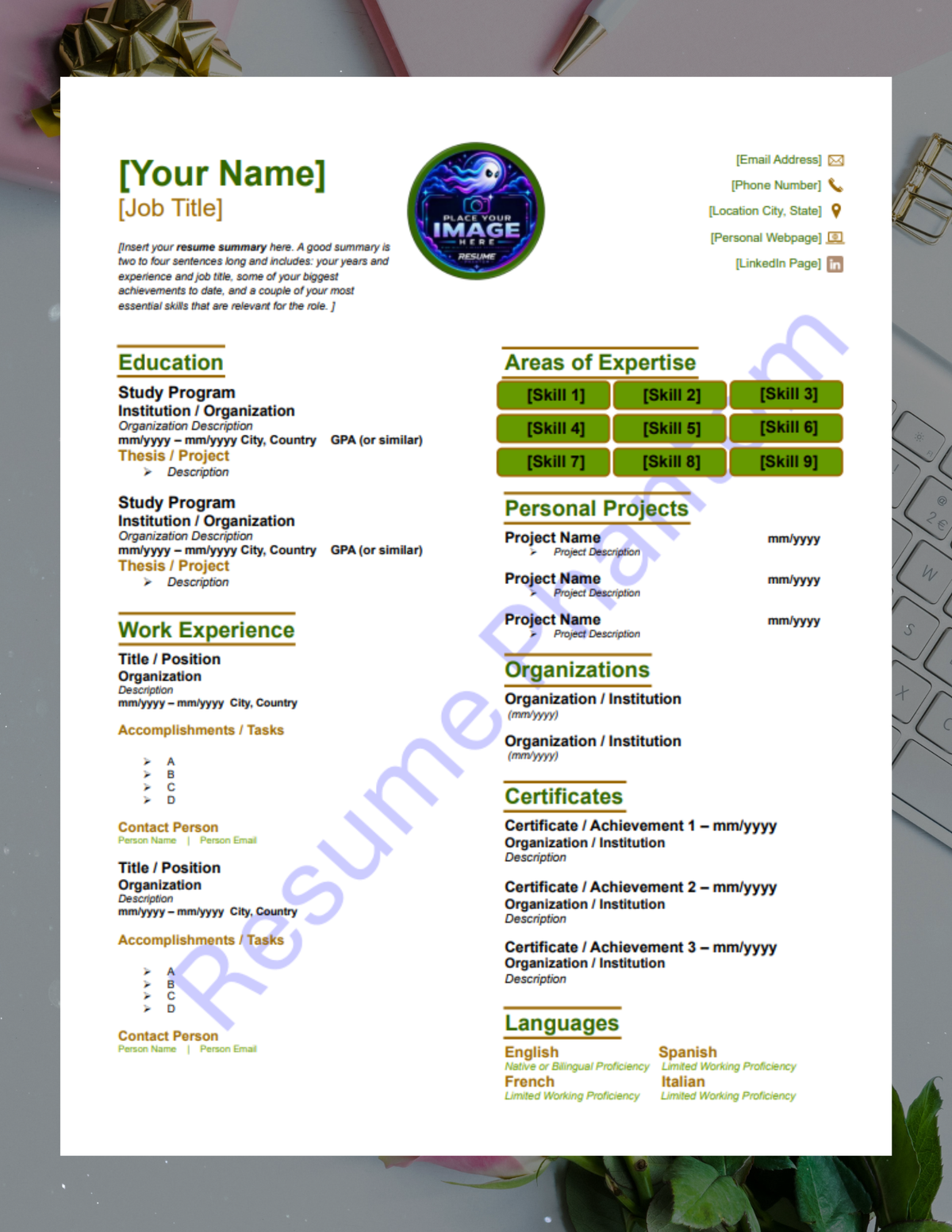 College Blank Resume Template (7 Variant Colors Available)