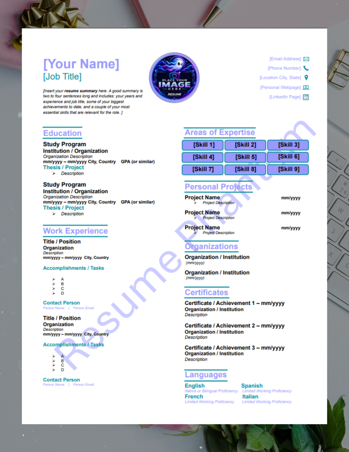 College Blank Resume Template (7 Variant Colors Available)