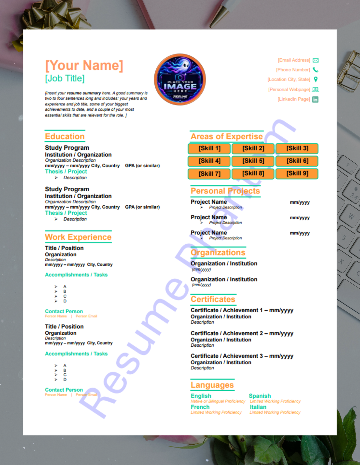 College Blank Resume Template (7 Variant Colors Available)