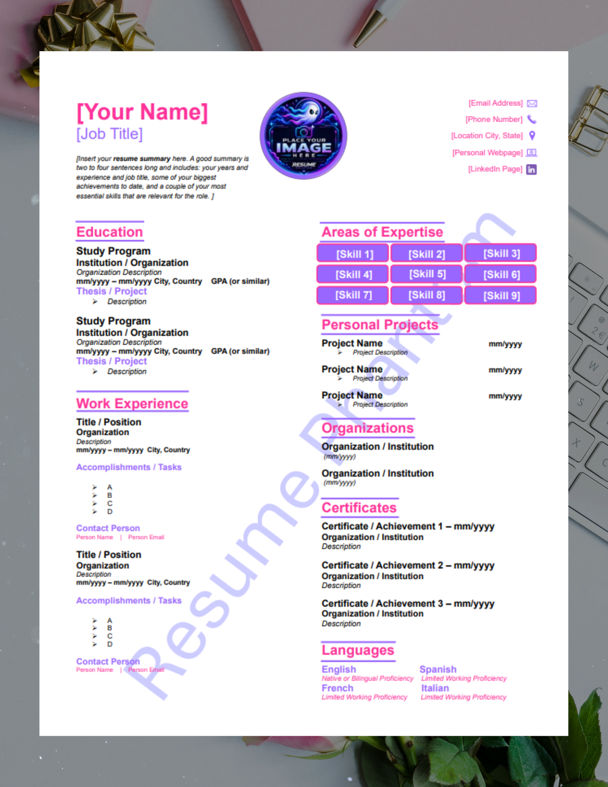 College Blank Resume Template (7 Variant Colors Available)