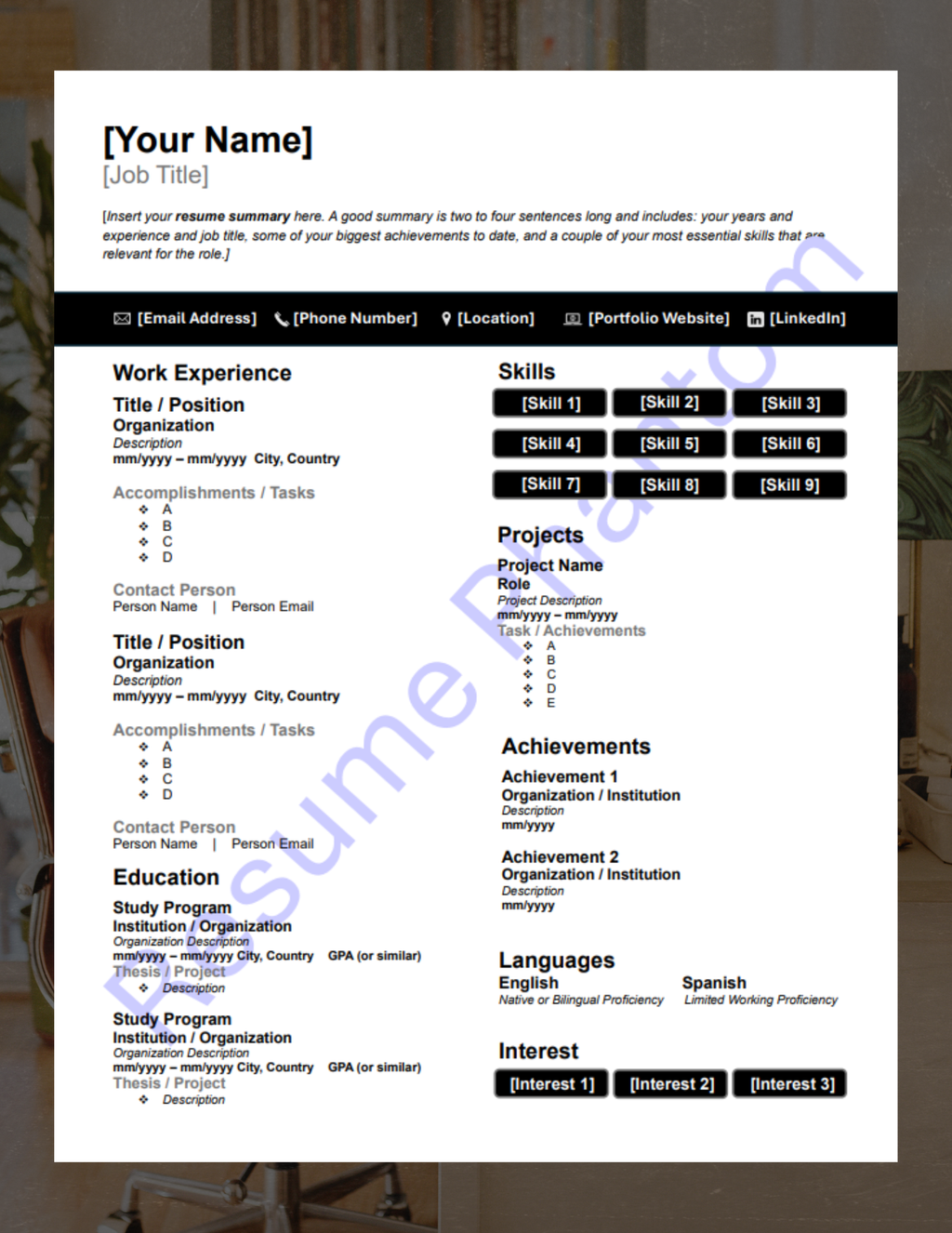Executive Blank Resume Template (7 Variant Colors Available)