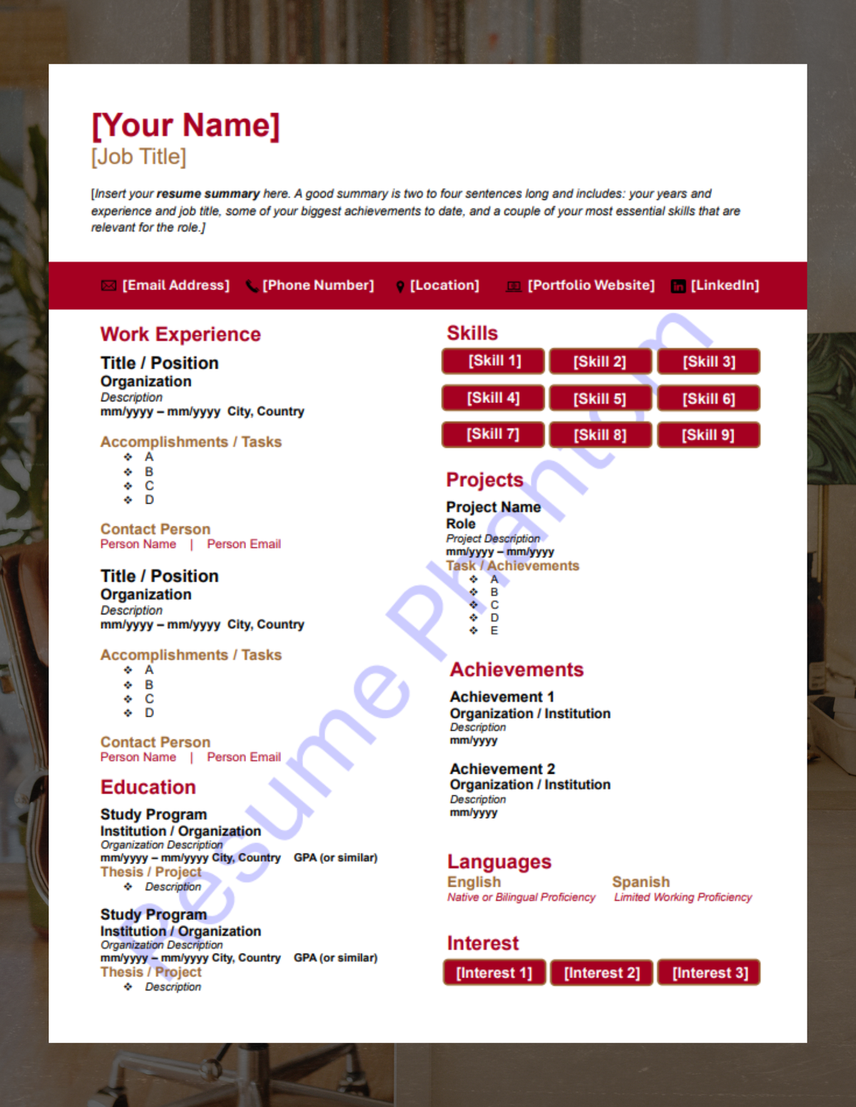 Executive Blank Resume Template (7 Variant Colors Available)