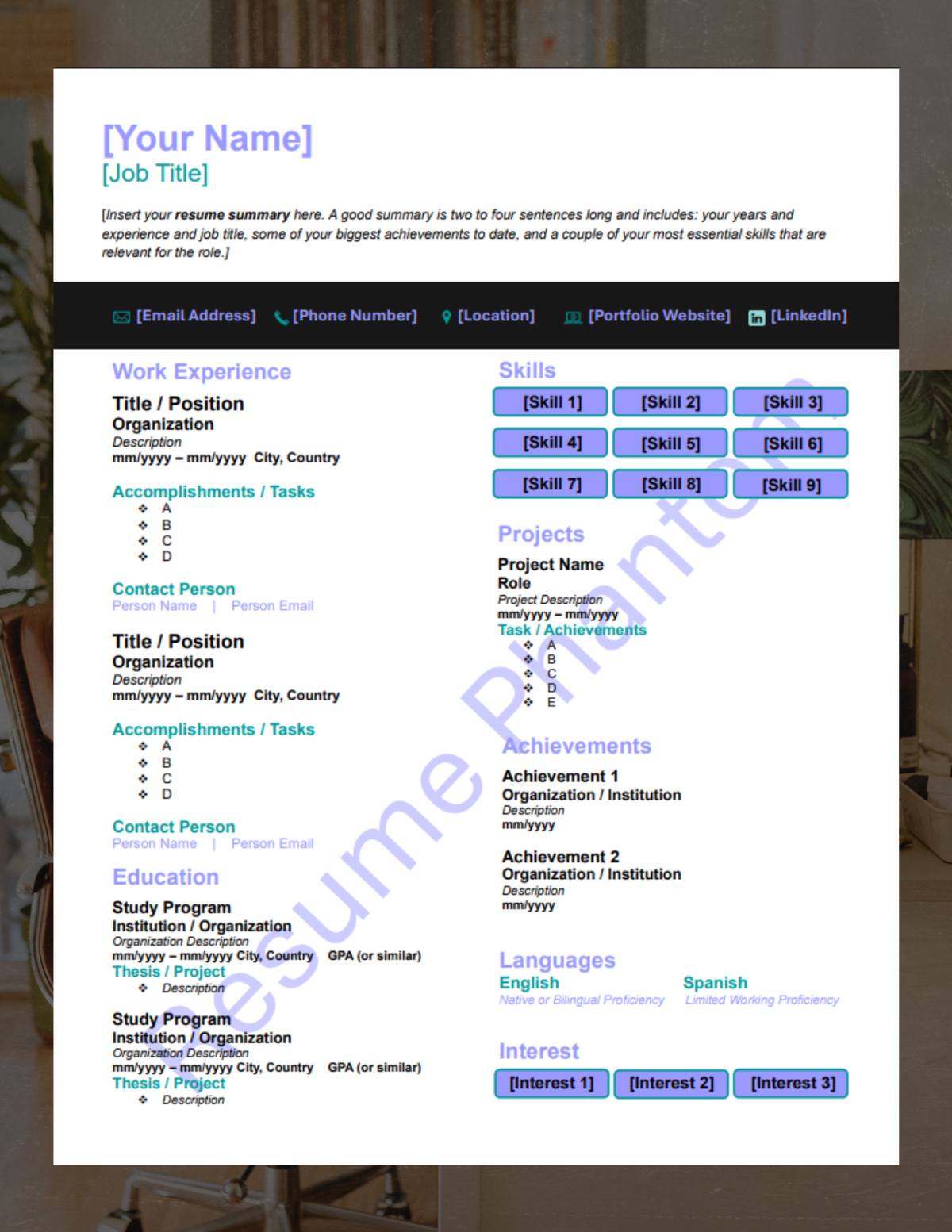 Executive Blank Resume Template (7 Variant Colors Available)