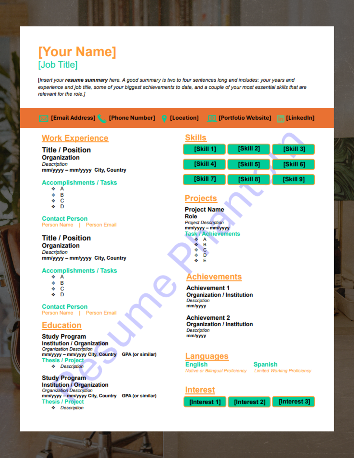Executive Blank Resume Template (7 Variant Colors Available)