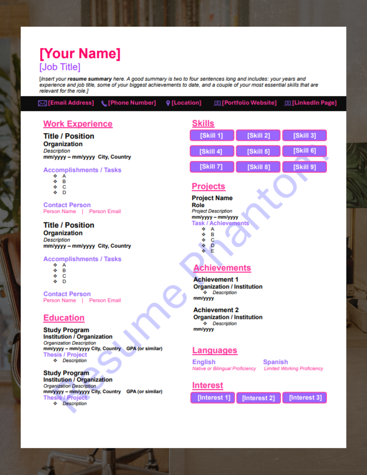 Executive Blank Resume Template (7 Variant Colors Available)