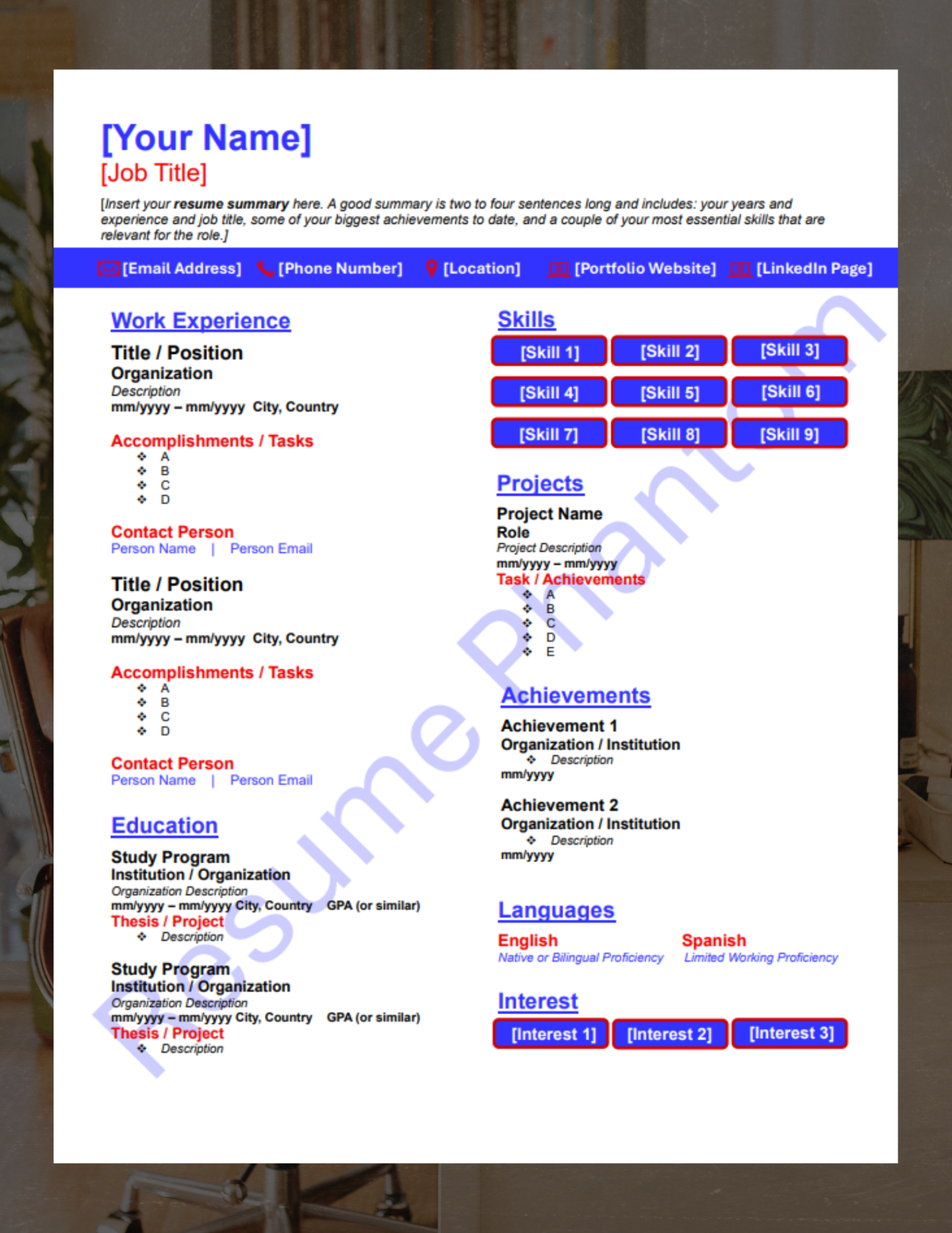 Executive Blank Resume Template (7 Variant Colors Available)