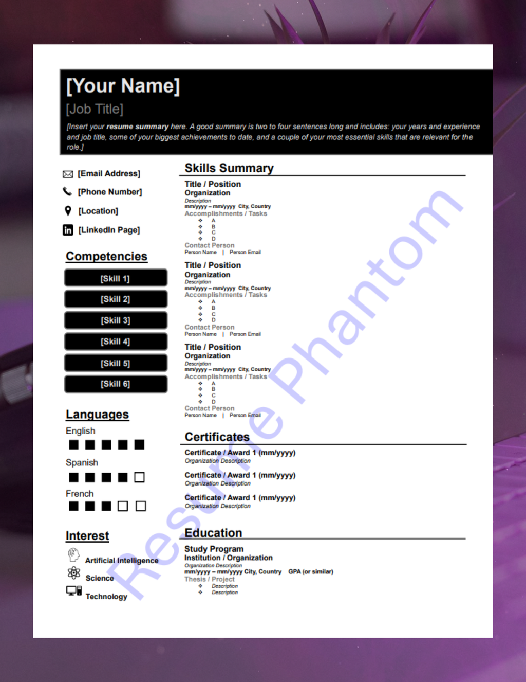 Functional Blank Resume Template (7 Variant Colors Available)