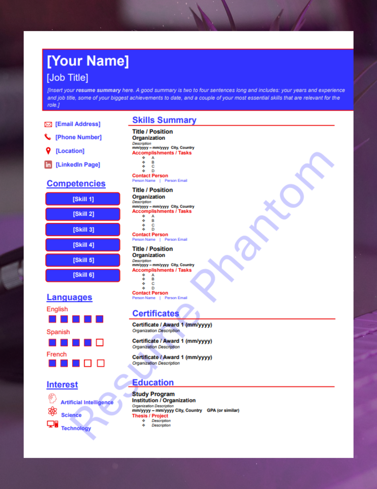 Functional Blank Resume Template (7 Variant Colors Available)