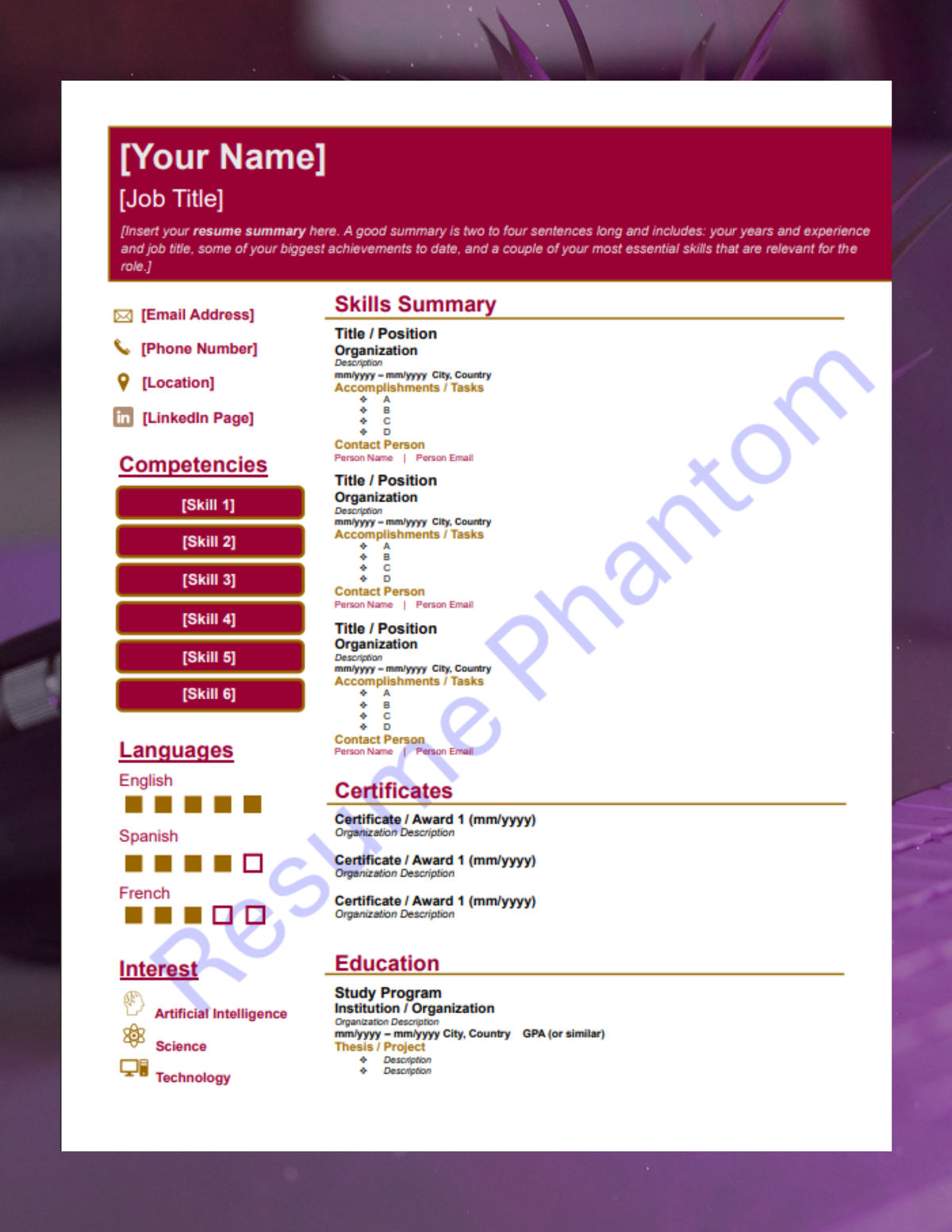 Functional Blank Resume Template (7 Variant Colors Available)