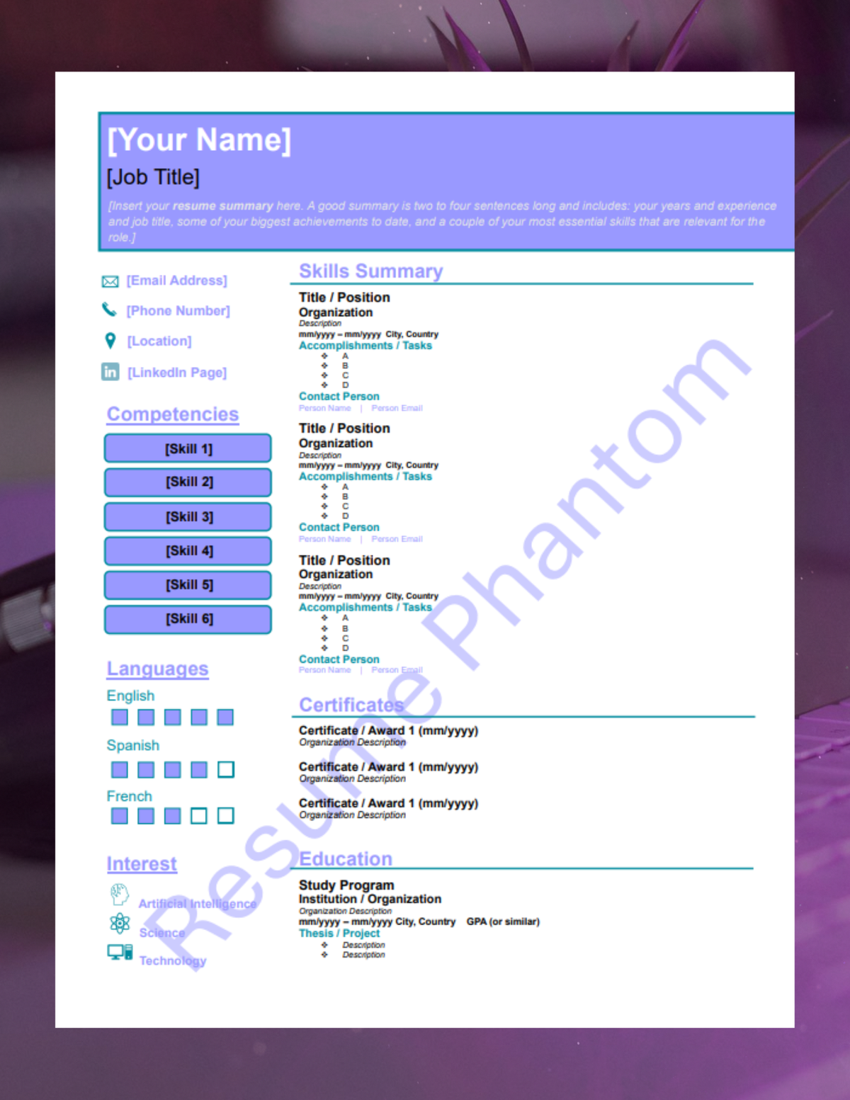 Functional Blank Resume Template (7 Variant Colors Available)