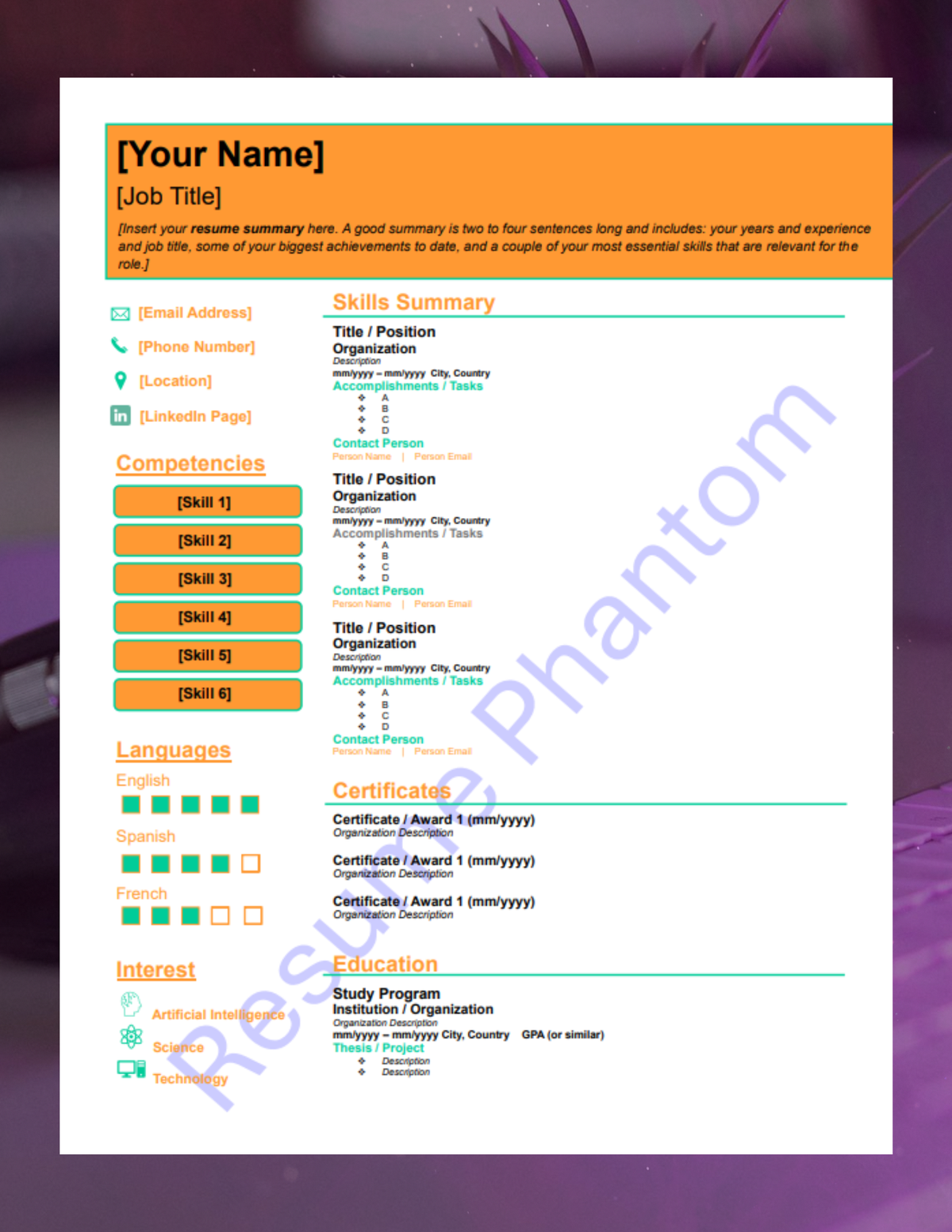 Functional Blank Resume Template (7 Variant Colors Available)