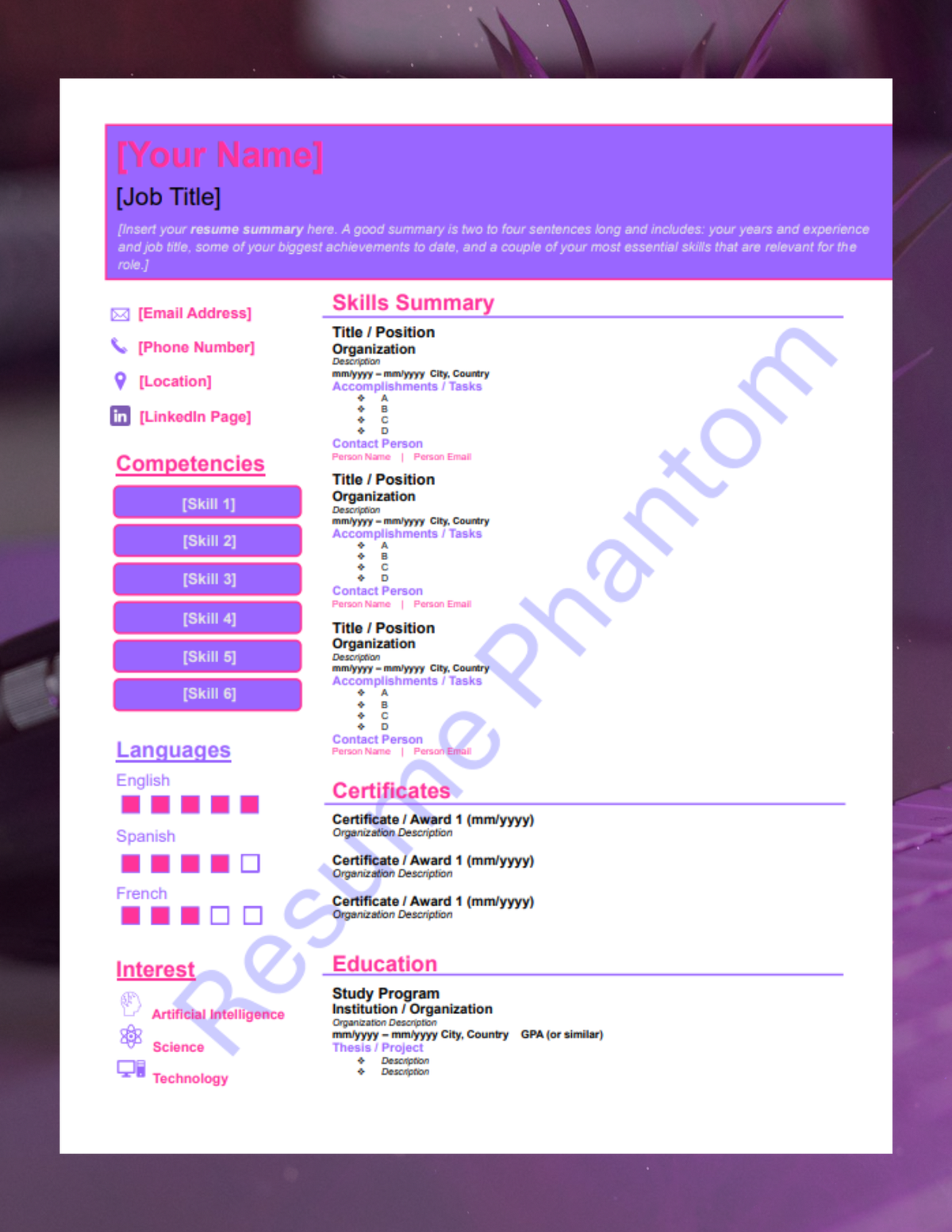 Functional Blank Resume Template (7 Variant Colors Available)