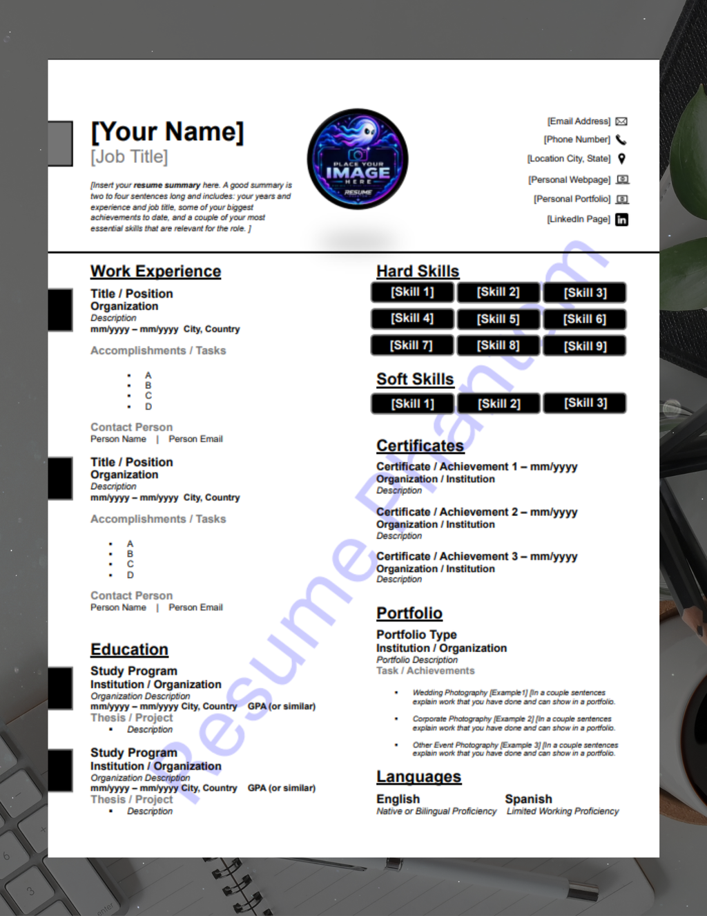 Professional Blank Resume Template (7 Variant Colors Available)